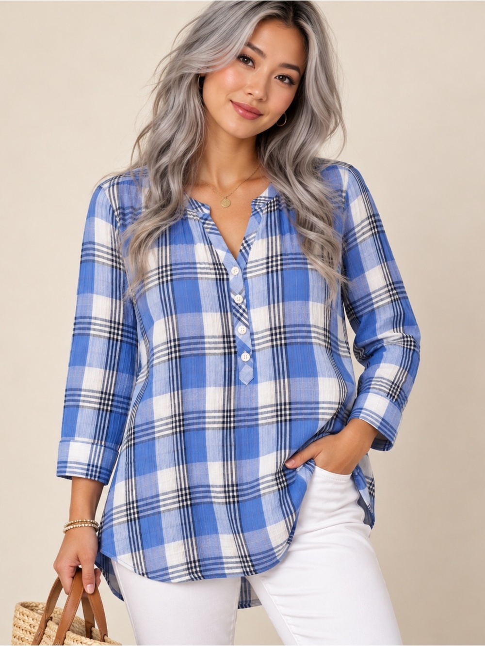 St. John’s Bay XL Blue Plaid Cotton Tunic Blouse Roll Tab Sleeves